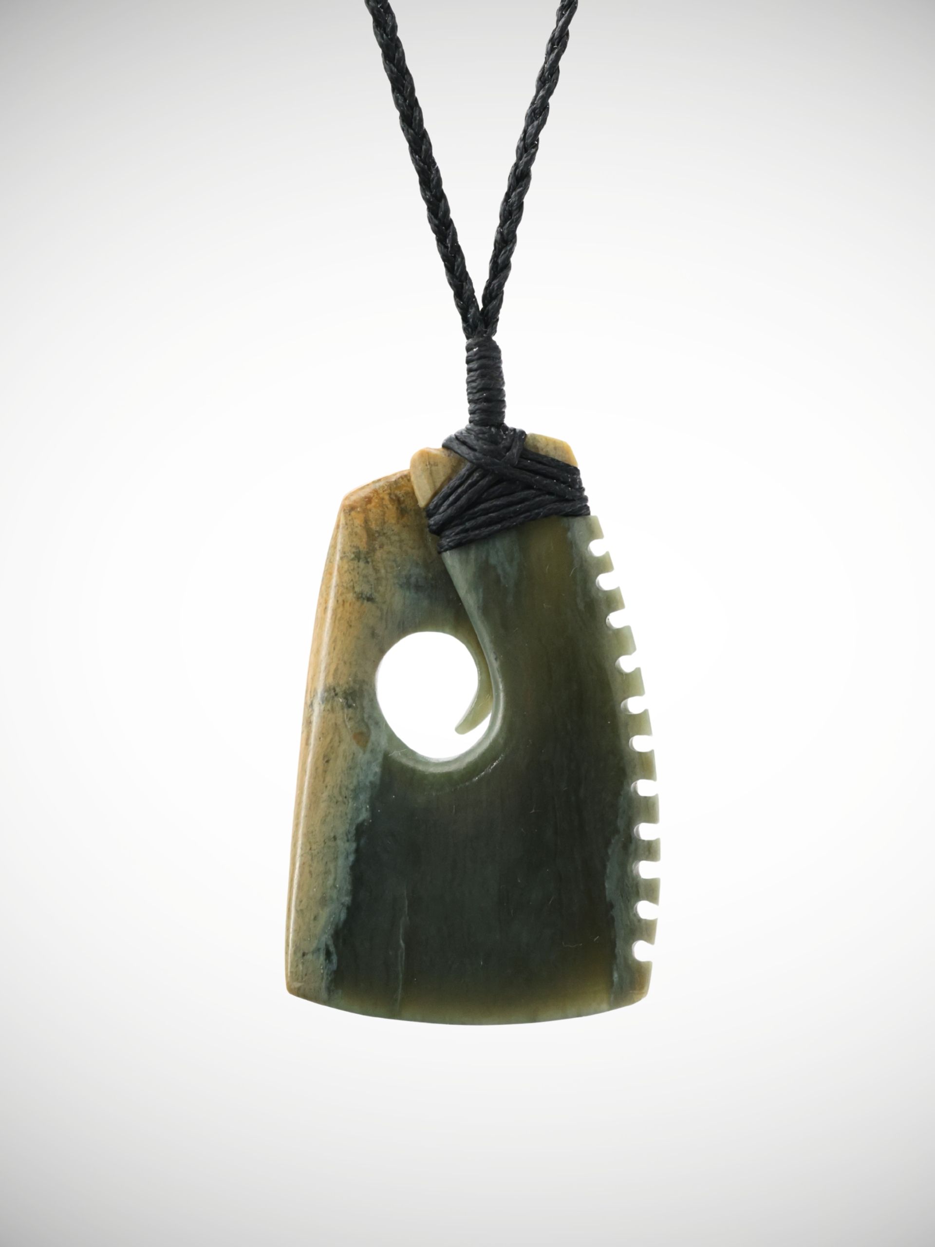 Moko Pounamu Notched Toki with Koru Genuine NZ Inanga Flower Greenstone - Ngakawau