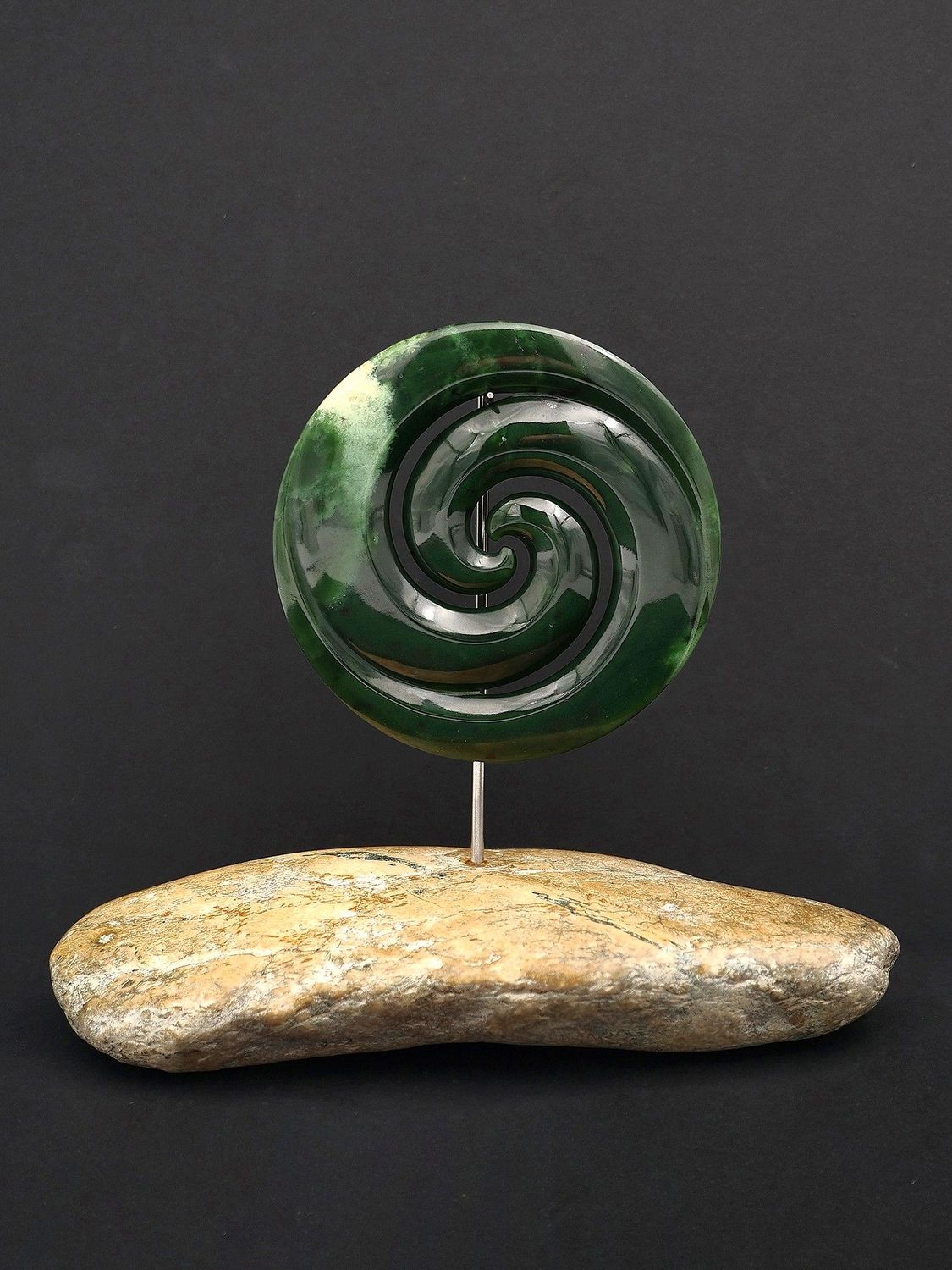 Moko Pounamu Double Koru Sculpture NZ Genuine Marsden Flower Greenstone - Taneatua