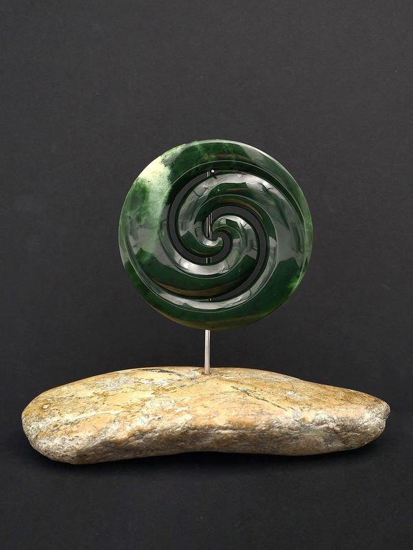Moko Pounamu Double Koru Sculpture NZ Genuine Marsden Flower Greenstone - Taneatua