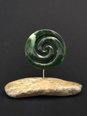 Moko Pounamu Double Koru Sculpture NZ Genuine Marsden Flower Greenstone - Taneatua