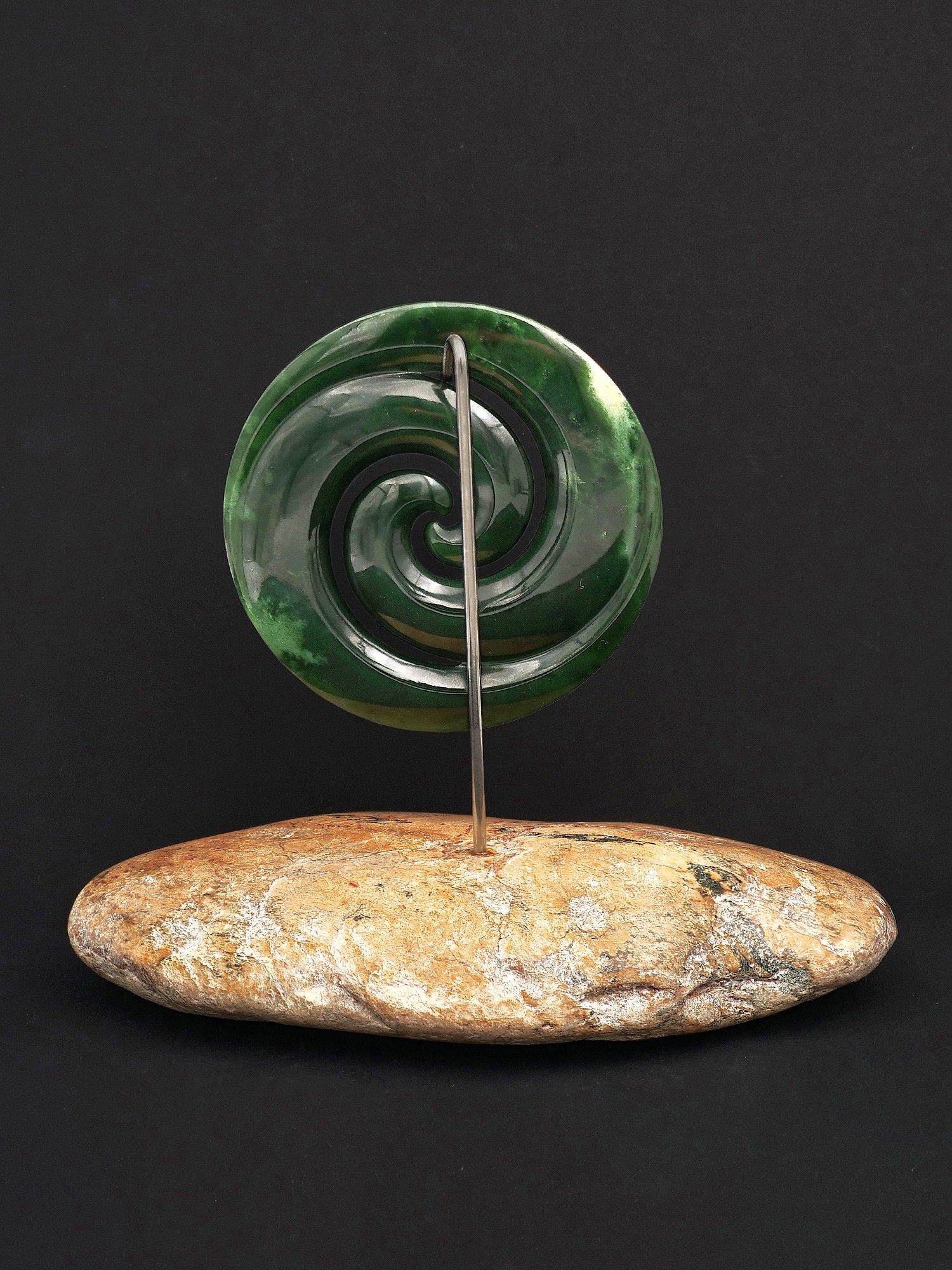 Moko Pounamu Double Koru Sculpture NZ Genuine Marsden Flower Greenstone - Taneatua