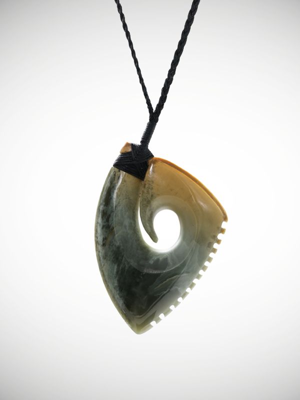 Moko Pounamu Hei Matau (Hook) Genuine NZ Inanga Flower Greenstone - Kaipuke
