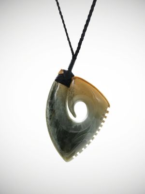 Moko Pounamu Hei Matau (Hook) Genuine NZ Inanga Flower Greenstone - Kaipuke