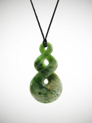 Moko Pounamu Double Pikorua (Twist) NZ Genuine Kahurangi Flower Greenstone - Mangamahu Moko Pounamu Double Pikorua (Twist) NZ Genuine Kahurangi Flower Greenstone - Mangamahu