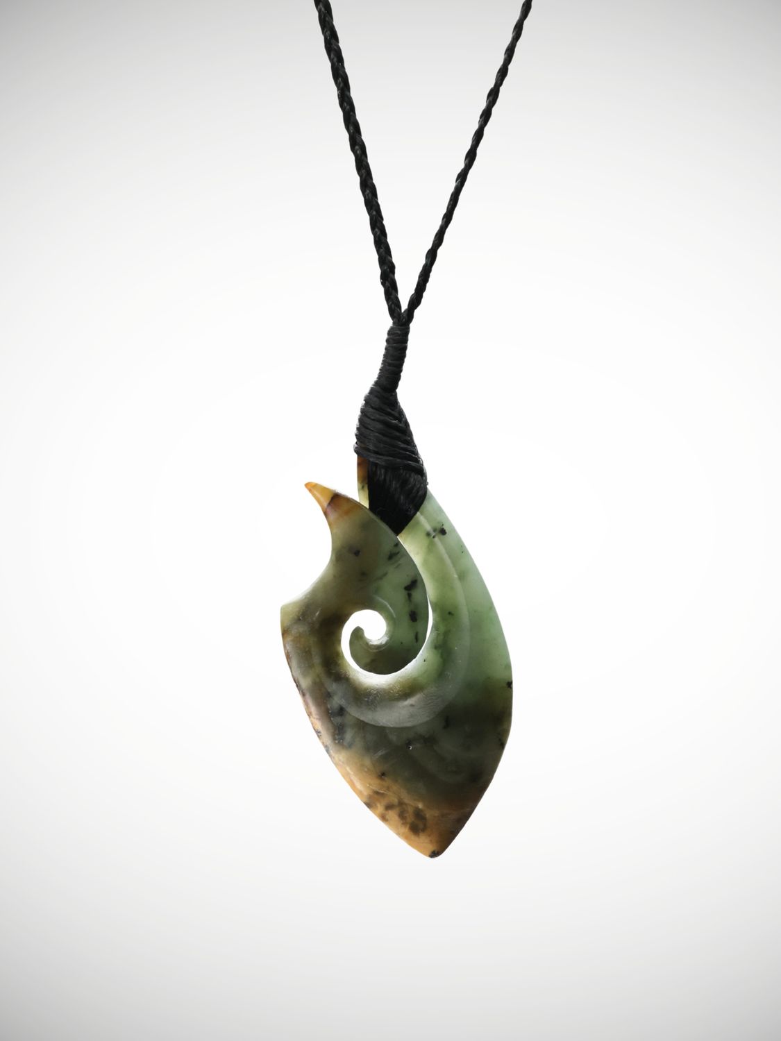 Moko Pounamu Hei Matau (Hook) Genuine NZ Kawakawa Flower Greenstone - Ngaroma