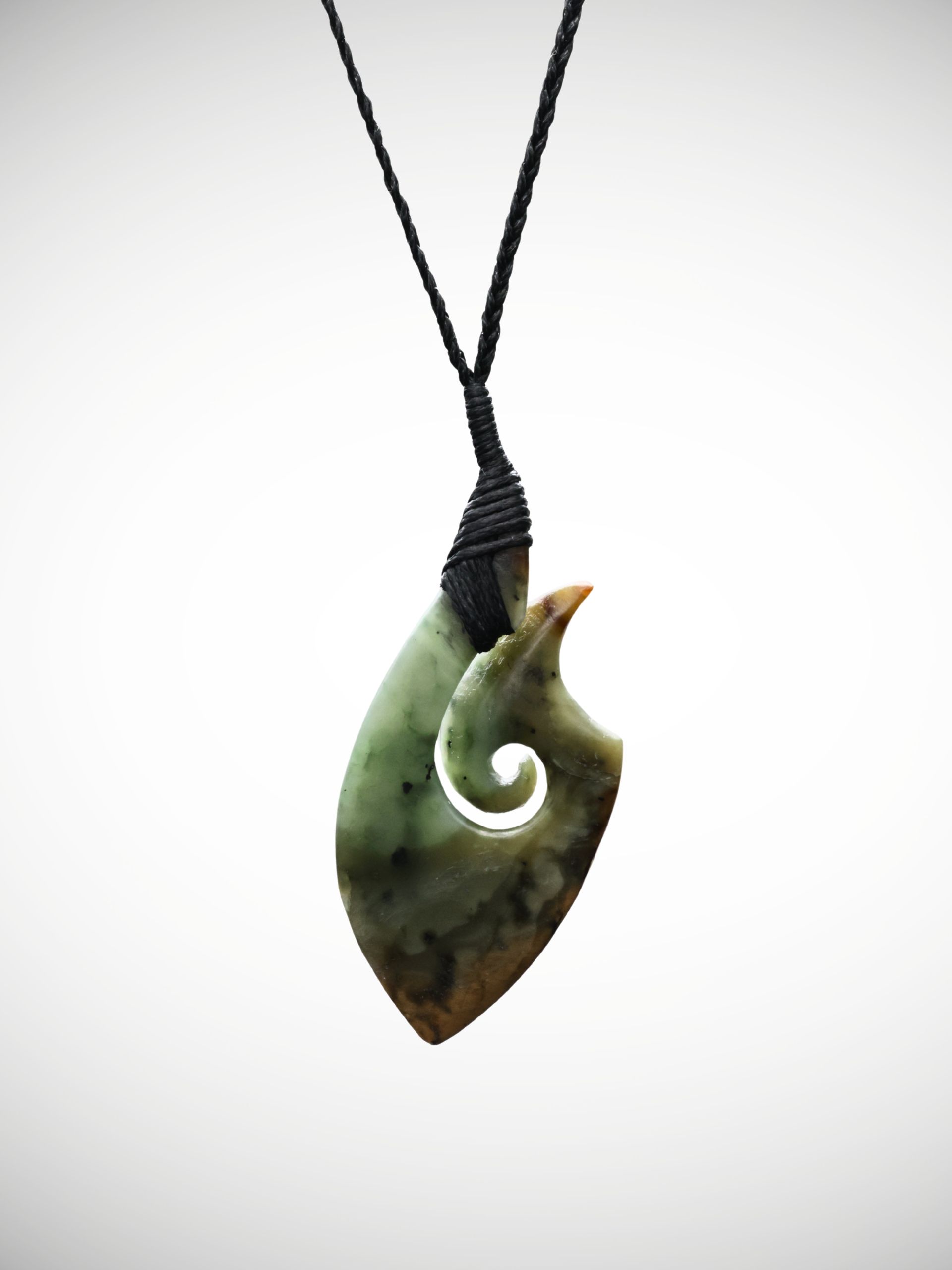 Moko Pounamu Hei Matau (Hook) Genuine NZ Kawakawa Flower Greenstone - Ngaroma