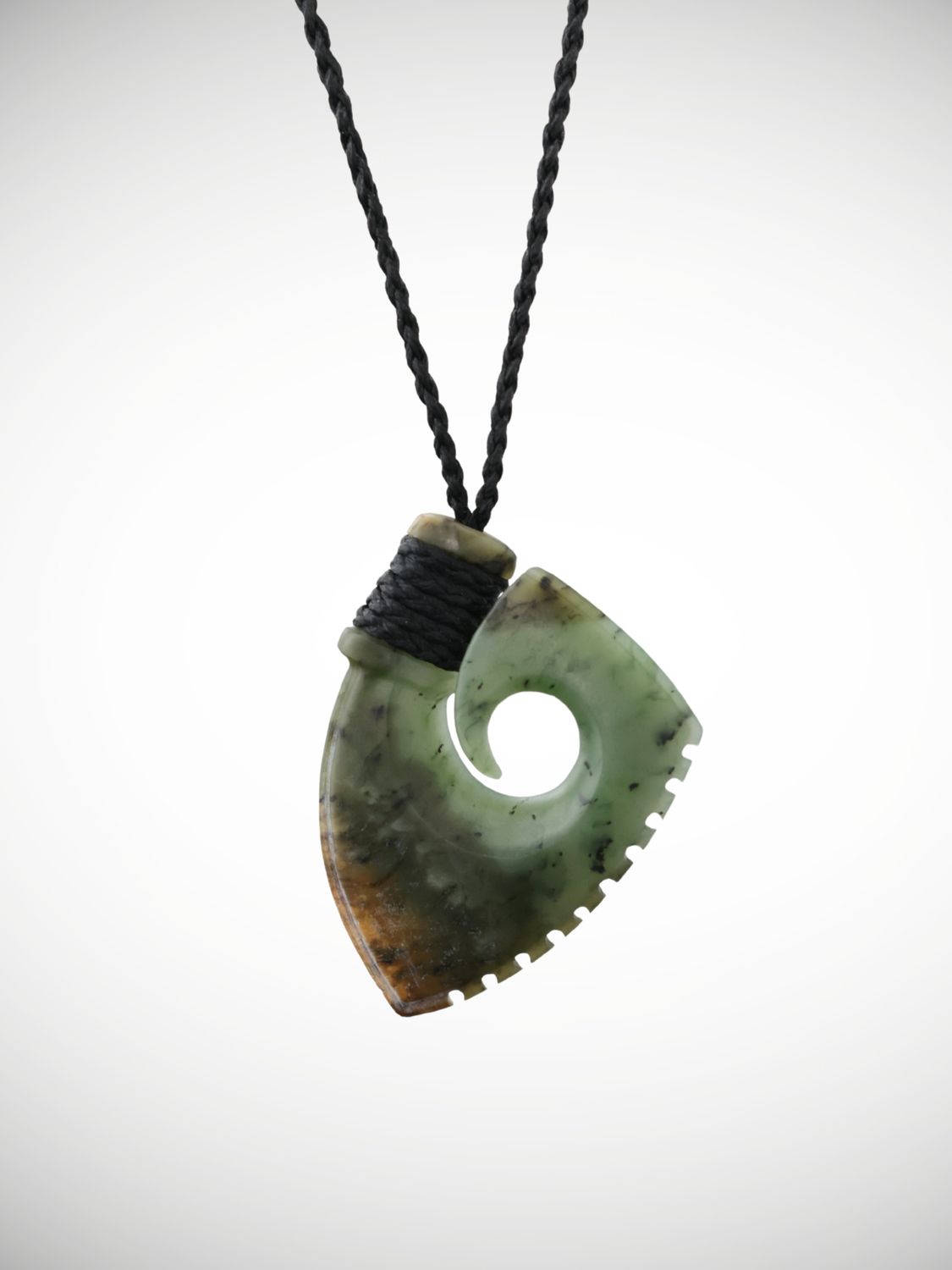 Moko Pounamu Hei Matau (Hook) Genuine NZ Kawakawa Flower Greenstone - Ngauranga
