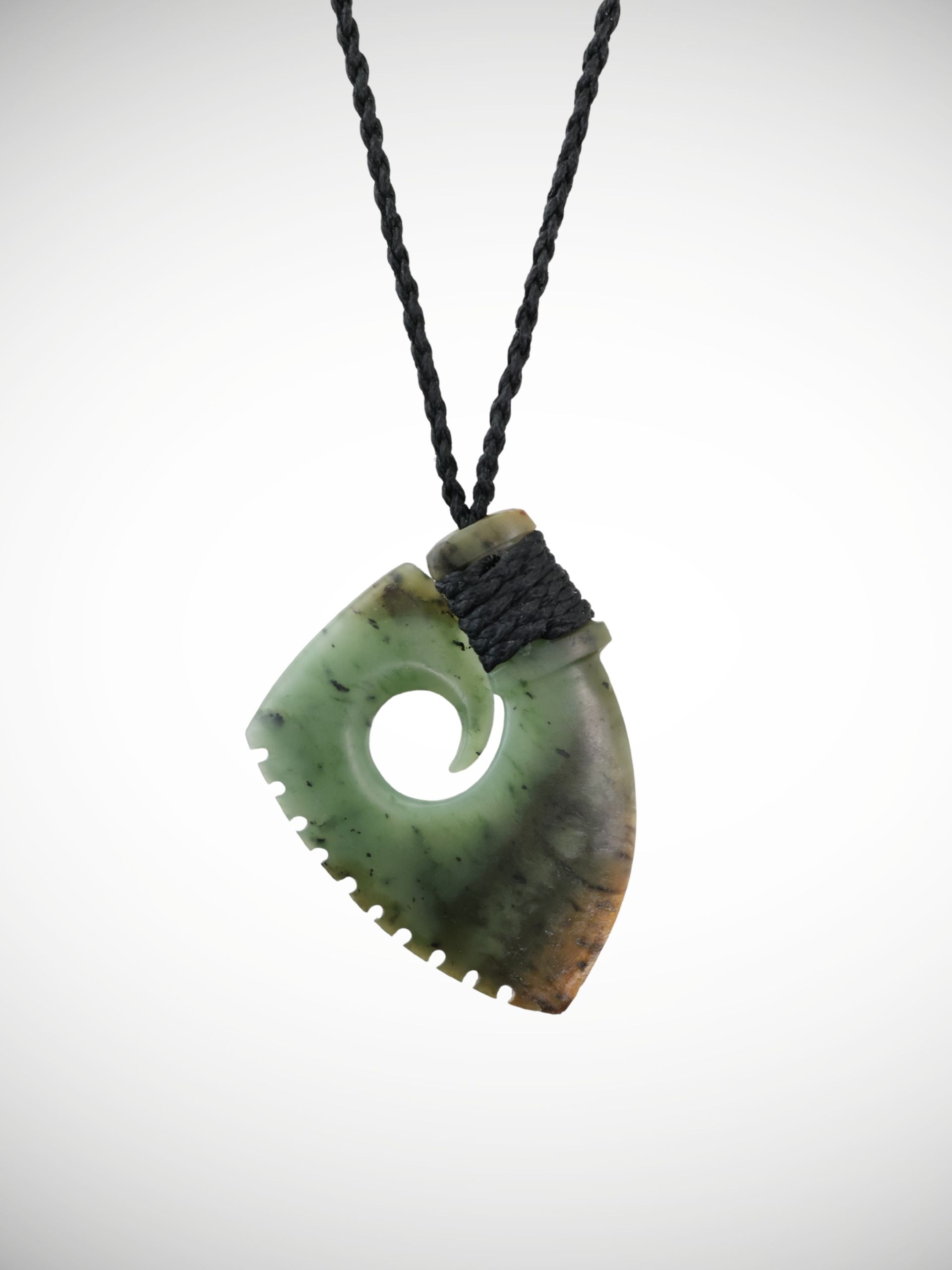 Moko Pounamu Hei Matau (Hook) Genuine NZ Kawakawa Flower Greenstone - Ngauranga