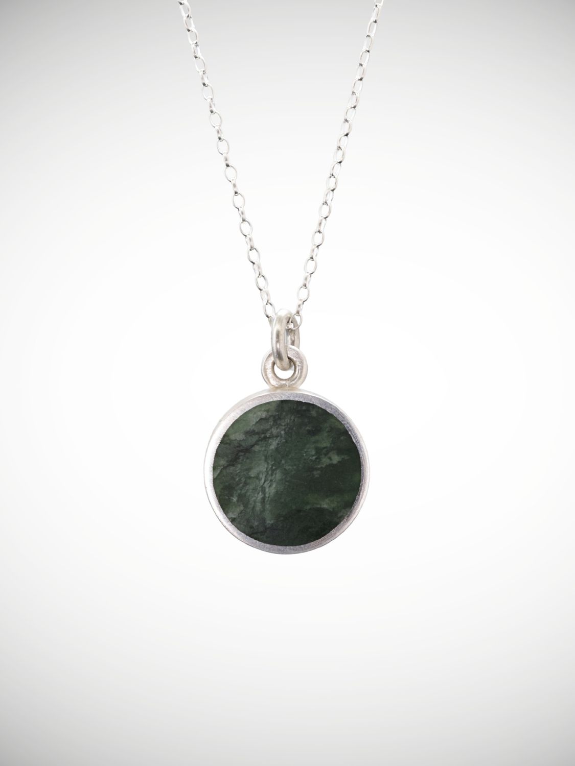 Moko Pounamu Genuine NZ Kawakawa Greenstone & Sterling Silver Disc Pendant - Kaiaua