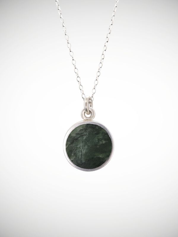 Moko Pounamu Genuine NZ Kawakawa Greenstone & Sterling Silver Disc Pendant - Kaiaua