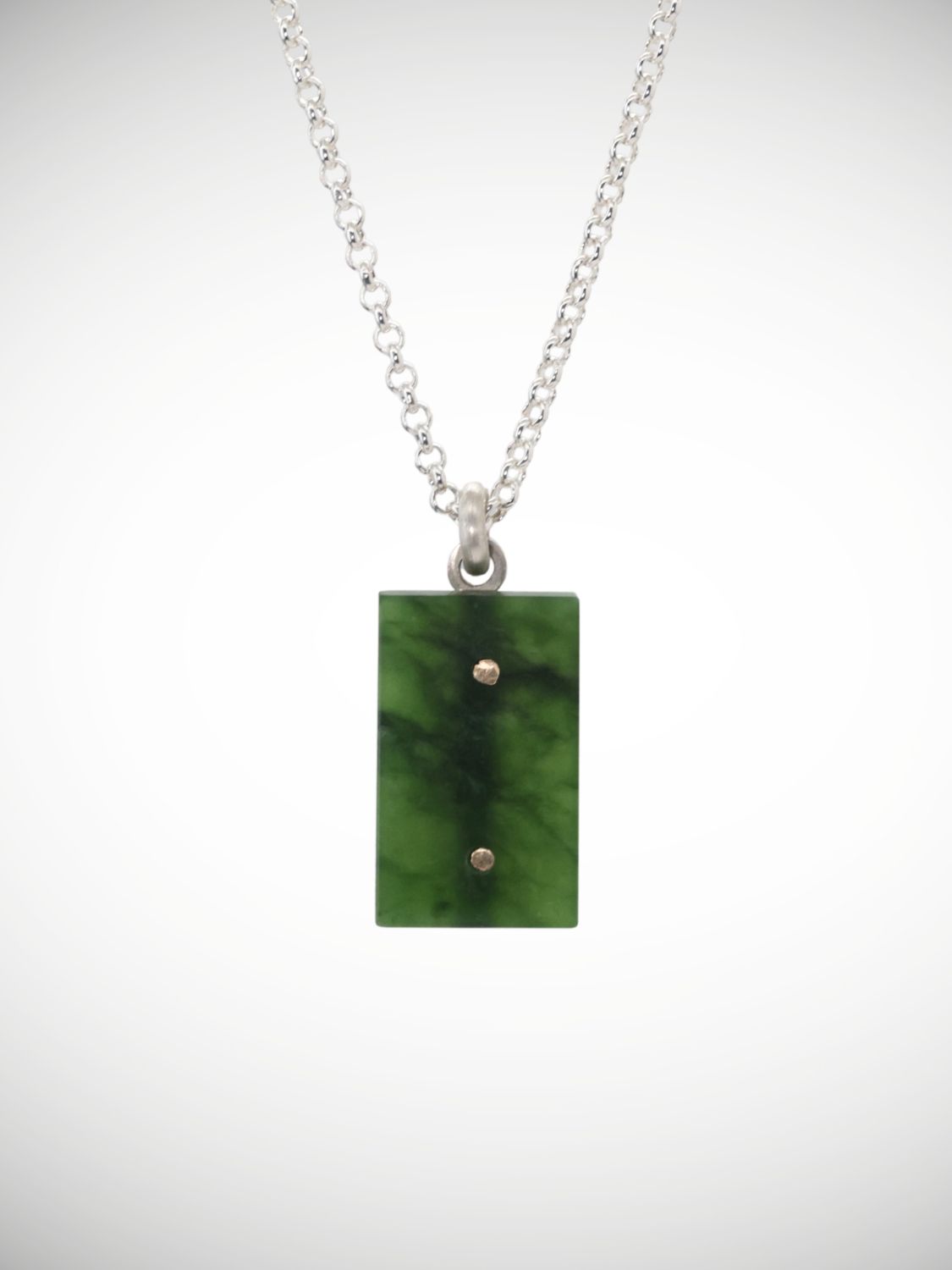 Moko Pounamu Genuine NZ Kawakawa Greenstone, Sterling Silver & 9ct Gold Pinned Block Pendant - Kaihu