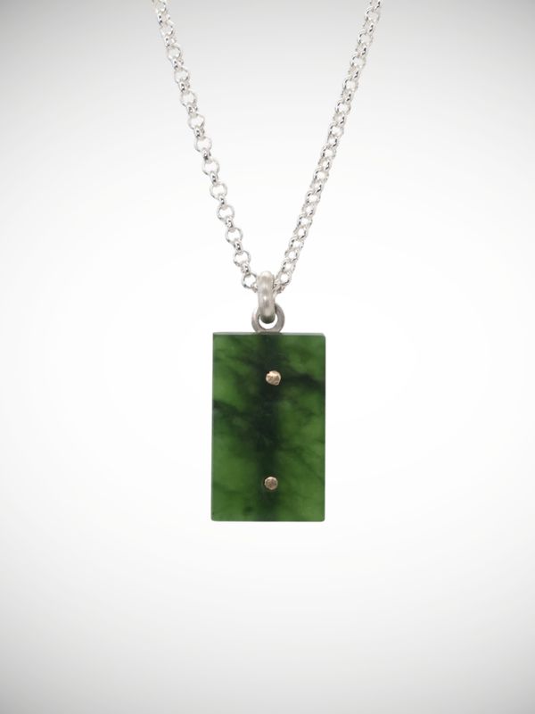 Moko Pounamu Genuine NZ Kawakawa Greenstone, Sterling Silver & 9ct Gold Pinned Block Pendant - Kaihu