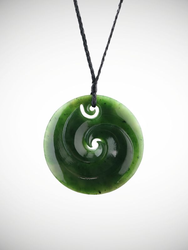 Moko Pounamu Double Koru NZ Genuine Kawakawa Greenstone - Moanaroa