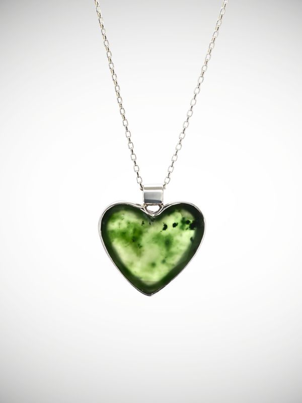 Moko Pounamu Genuine NZ Kawakawa Greenstone & Sterling Silver Heart Pendant - Kaimamaku