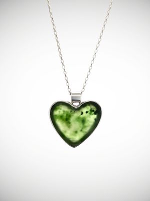 Moko Pounamu Genuine NZ Kawakawa Greenstone & Sterling Silver Heart Pendant - Kaimamaku Moko Pounamu Genuine NZ Kawakawa Greenstone & Sterling Silver Heart Pendant - Kaimamaku