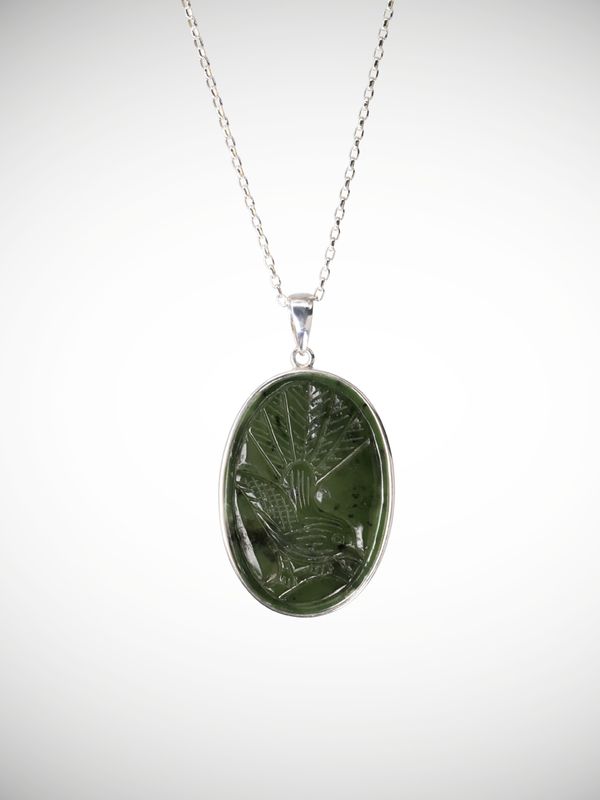 Moko Pounamu Genuine NZ Kawakawa Greenstone & Sterling Silver Fantail Pendant - Motutawa