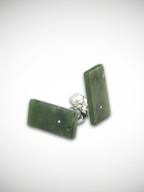 Moko Pounamu Genuine NZ Greenstone & Sterling Silver Rectangle Stud Earrings - Ngapuke