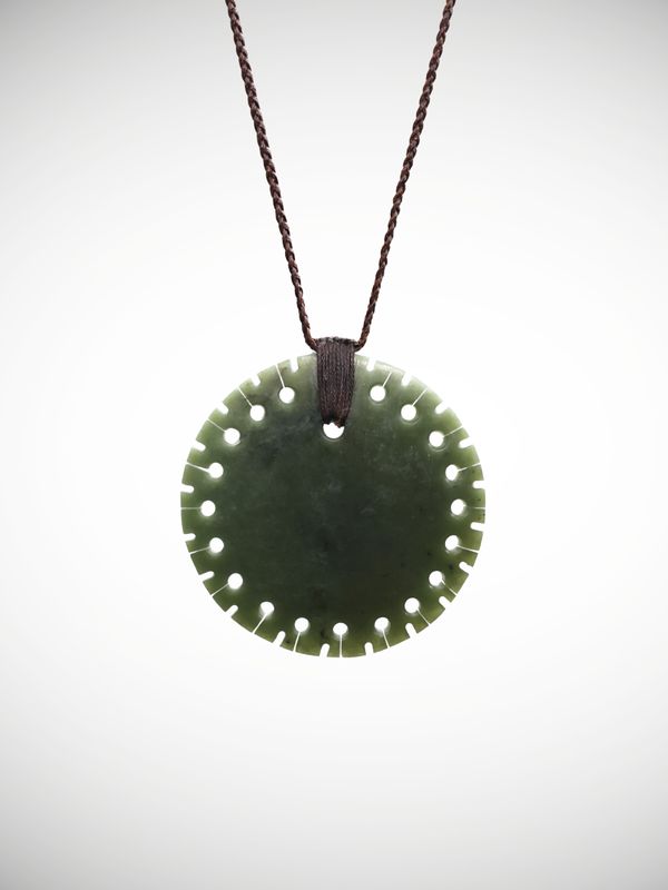 Moko Pounamu Notched Porohita (Disc) Genuine NZ Kawakawa Greenstone - Mangapu Moko Pounamu Notched Porohita (Disc) Genuine NZ Kawakawa Greenstone - Mangapu