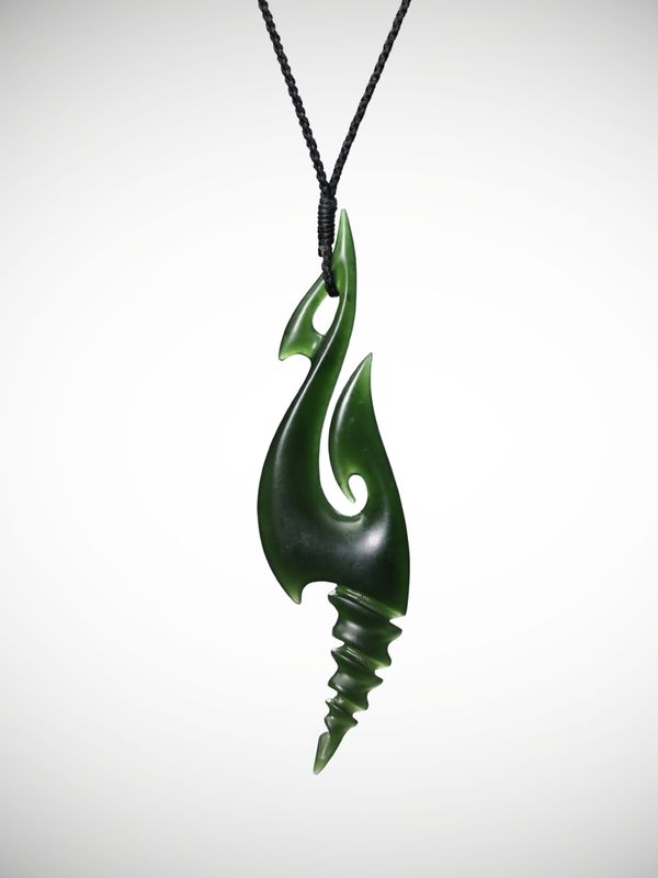 Moko Pounamu Hei Matau (Hook) Genuine NZ Kawakawa Greenstone - Kaimaumau