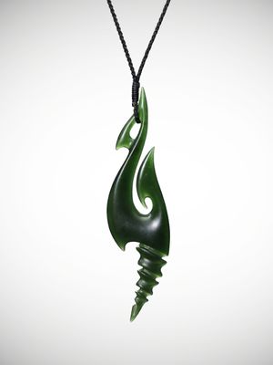 Moko Pounamu Hei Matau (Hook) NZ Genuine Kawakawa Greenstone - Kaimaumau