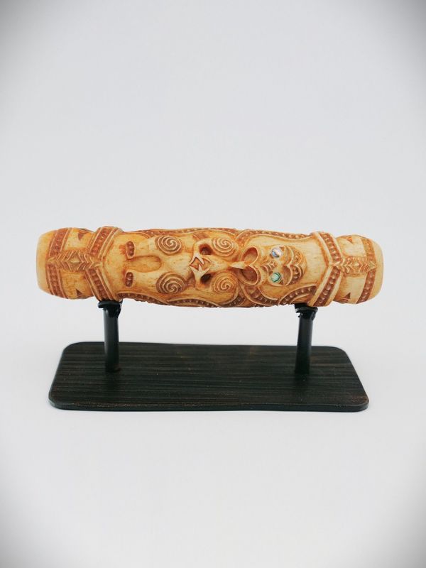 Moko Pounamu Stylised Kōauau (Flute) Stained Bone - Large Tiki Moko Pounamu Stylised Kōauau (Flute) Stained Bone - Large Tiki