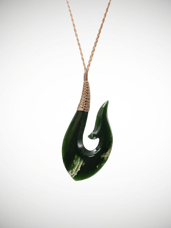 Moko Pounamu Hei Matau (Hook) Genuine NZ Kawakawa Flower Greenstone - Ohura