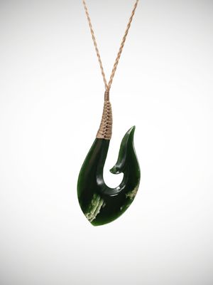Moko Pounamu Hei Matau (Hook) Genuine NZ Kawakawa Flower Greenstone - Ohura Moko Pounamu Hei Matau (Hook) Genuine NZ Kawakawa Flower Greenstone - Ohura