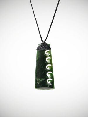 Moko Pounamu Toki with Koru Genuine NZ Kawakawa Greenstone - Puketoi Moko Pounamu Toki with Koru Genuine NZ Kawakawa Greenstone - Puketoi
