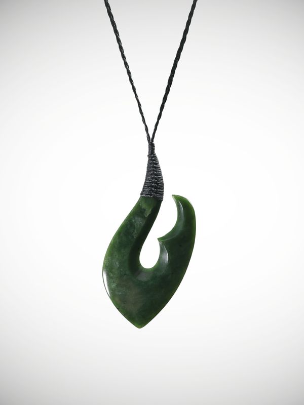 Moko Pounamu Hei Matau (Hook) Genuine NZ Kawakawa Greenstone - Puketui