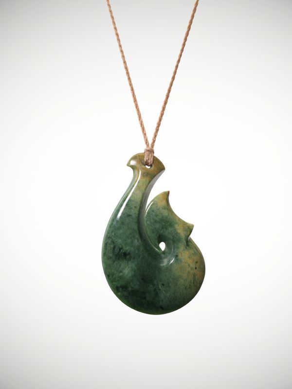Moko Pounamu Hei Matau (Hook) Genuine NZ Kahotea Greenstone - Puketihi