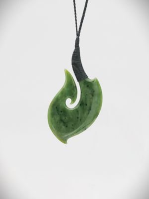 Moko Pounamu Hei Matau (Hook) Genuine NZ Marsden Flower Greenstone - Raumai