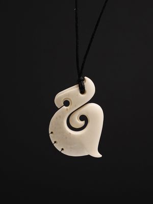 Moko Pounamu Hei Matau (Hook) Bone Carving - Pukekoikoi