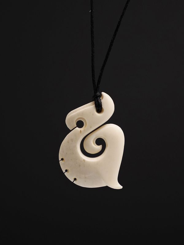 Moko Pounamu Hei Matau (Hook) Bone Carving - Pukekoikoi