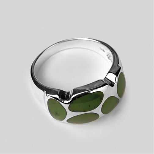 Moko Pounamu Greenstone and Silver Five Stone Contemporary Ring - 1655RJ Moko Pounamu Greenstone and Silver Five Stone Contemporary Ring - 1655RJ