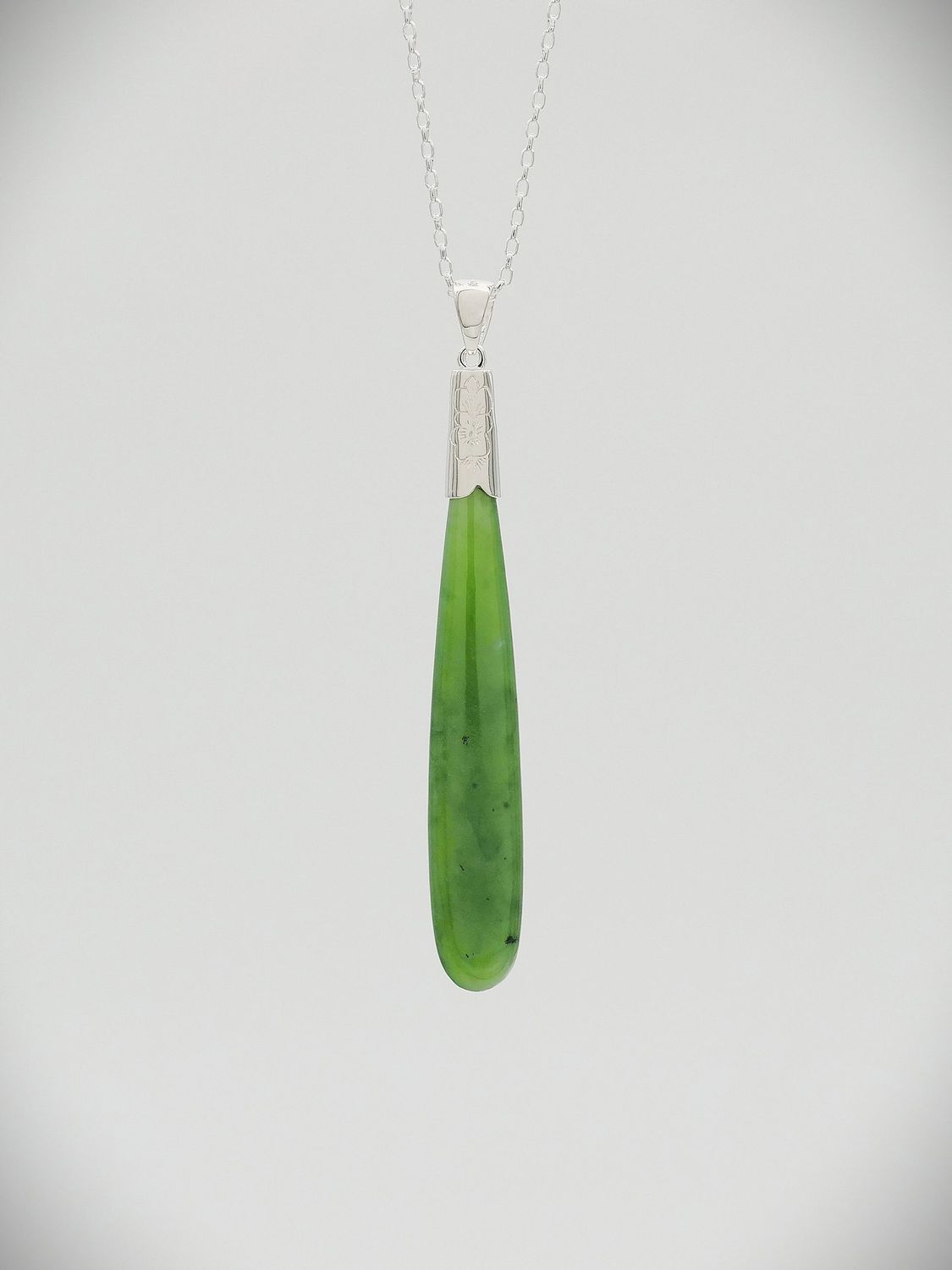 Moko Pounamu Greenstone and Silver Silver Teardrop Pendant Large - P49s Moko Pounamu Greenstone and Silver Silver Teardrop Pendant Large - P49s