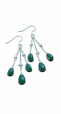 Moko Pounamu Greenstone and Pearl Silver 3 Stone Dangle Earrings - ES9S