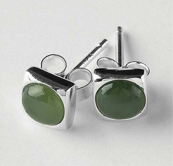 Moko Pounamu NZ Genuine Greenstone and Silver Square Stud w Round Cab Earrings - ES17 SALE Moko Pounamu NZ Genuine Greenstone and Silver Square Stud w Round Cab Earrings - ES17 SALE