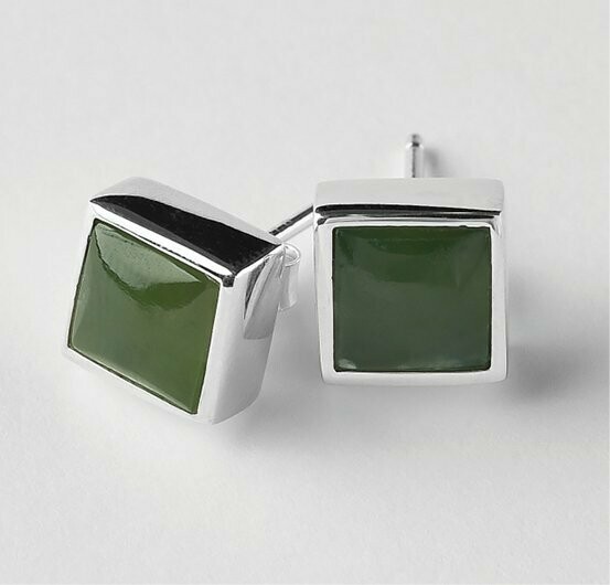 Moko Pounamu NZ Genuine Greenstone and Silver 8mm Square Stud Earrings - ES15 SALE