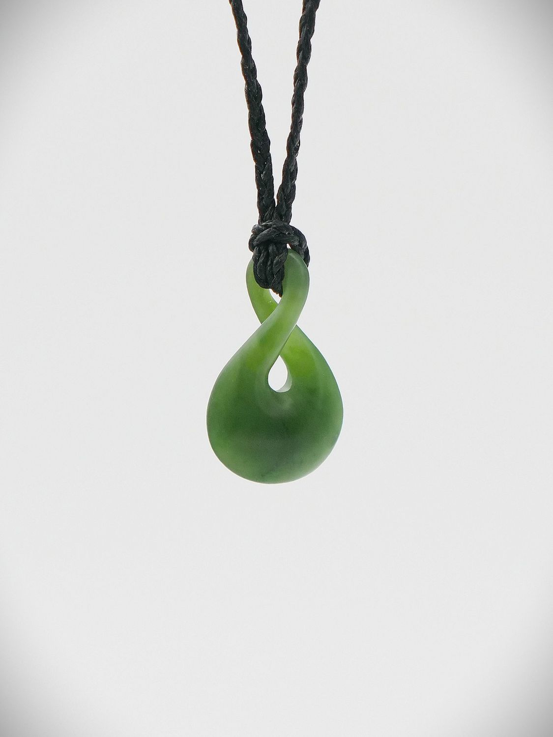 Moko Pounamu Single Pikorua (Twist) NZ Genuine kawakawa Greenstone - Kenakena, Cord Colour: Black Cord