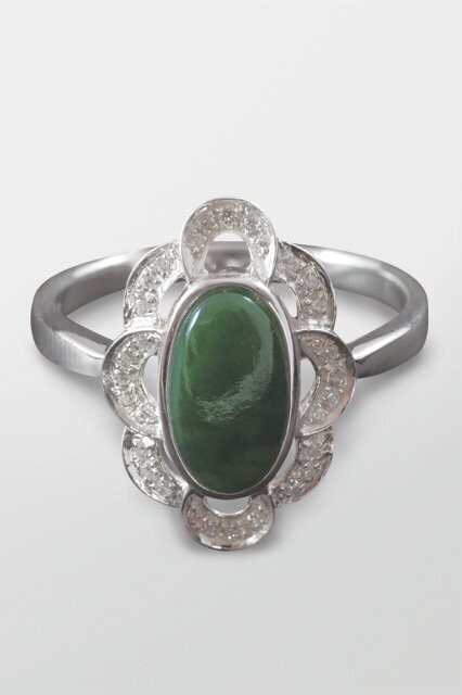 Moko Pounamu NZ Genuine Greenstone and Sterling Silver with White Sapphires Oval Ring  - AM10RS