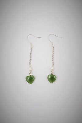 Moko Pounamu Manawa (Heart) NZ Genuine Kahurangi Greenstone Pearl and Silver Drop Earrings 05209