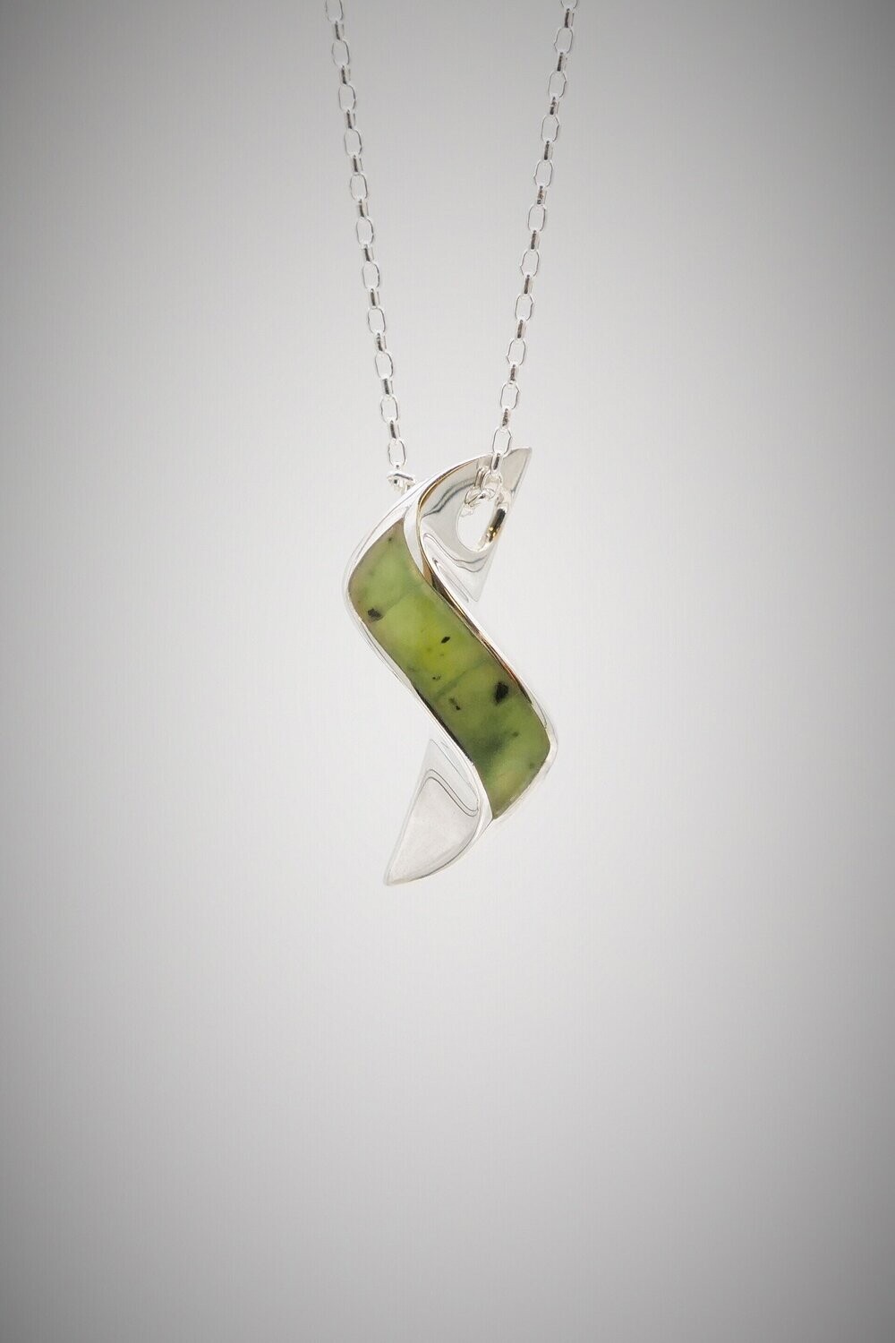 Moko Pounamu Contemporary Drop Greenstone and Sterling Silver Pendant - 98JP - SALE