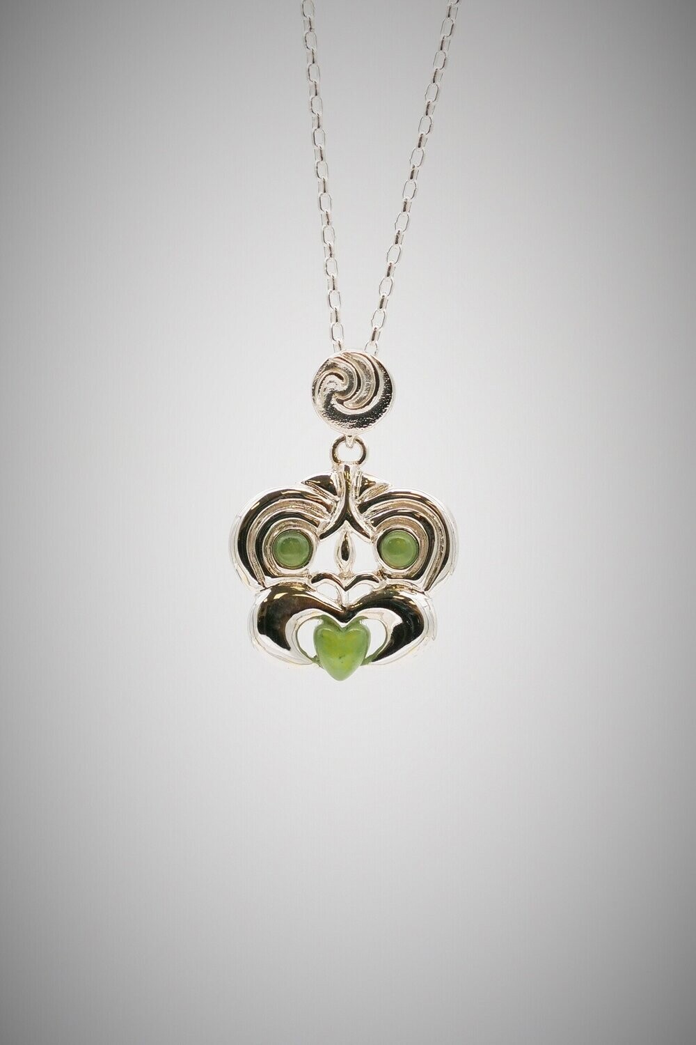 Moko Pounamu Greenstone and Sterling Silver Hei Tiki  Pendant