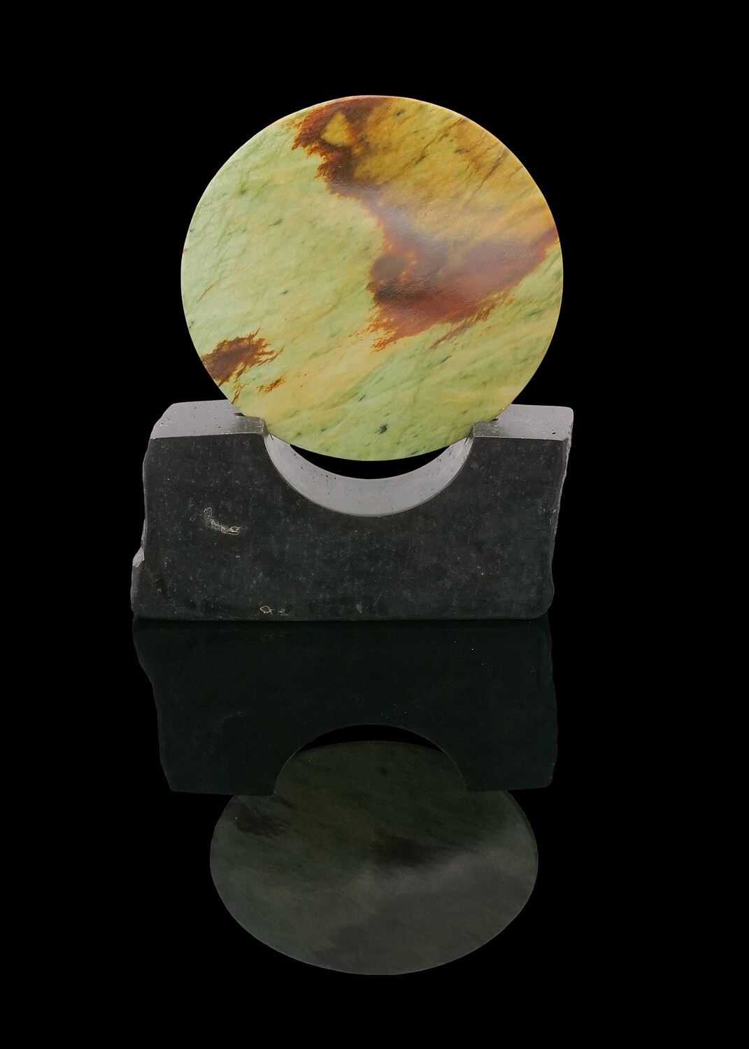 Moko Pounamu Porohita (Disc) Sculpture NZ Genuine Marsden Flower Greenstone - Kowhai Moko Pounamu Porohita (Disc) Sculpture NZ Genuine Marsden Flower Greenstone - Kowhai