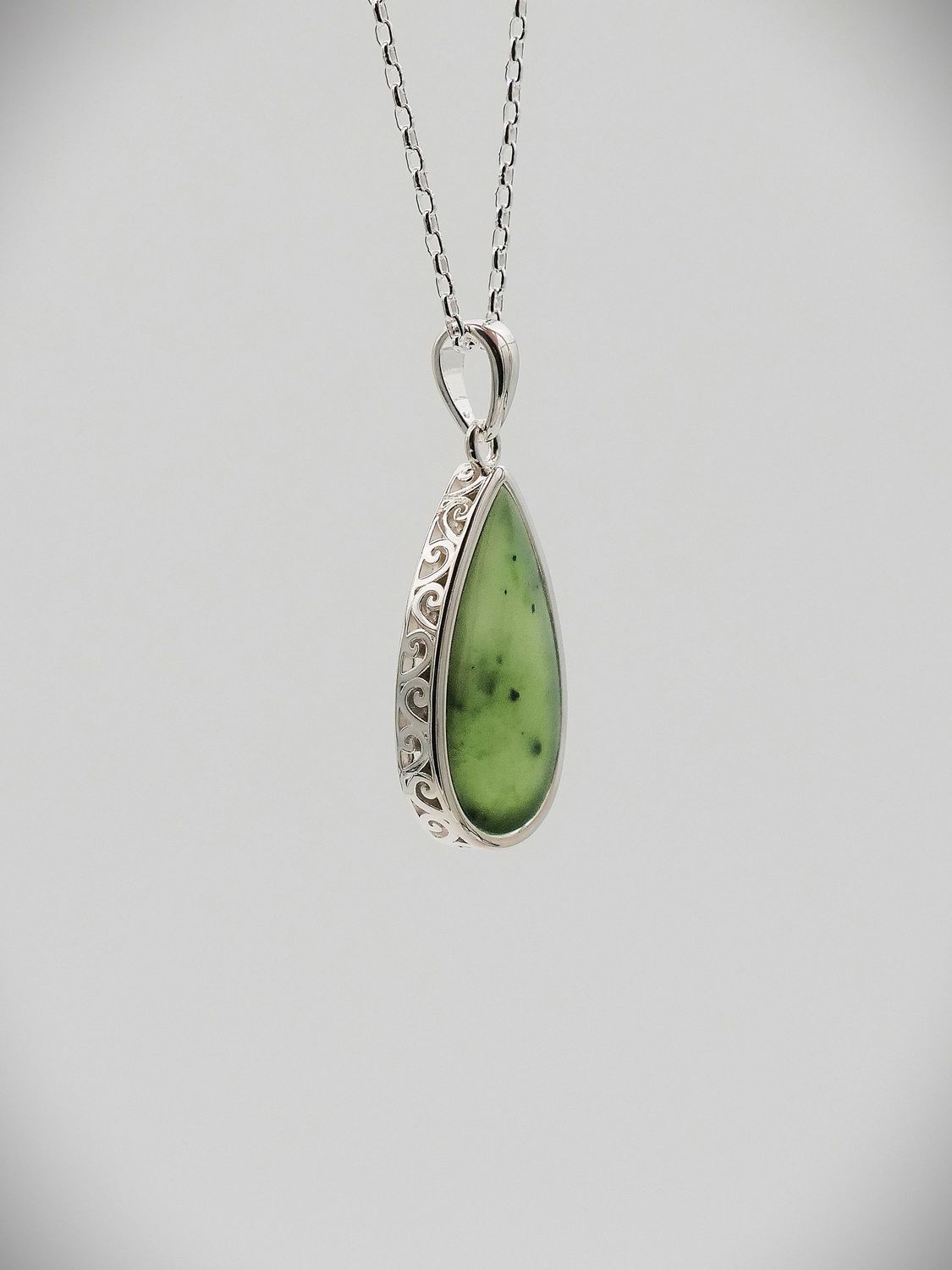 Moko Pounamu Greenstone and Silver Double Koru Filigree Teardrop Pendant - KTD1 Moko Pounamu Greenstone and Silver Double Koru Filigree Teardrop Pendant - KTD1