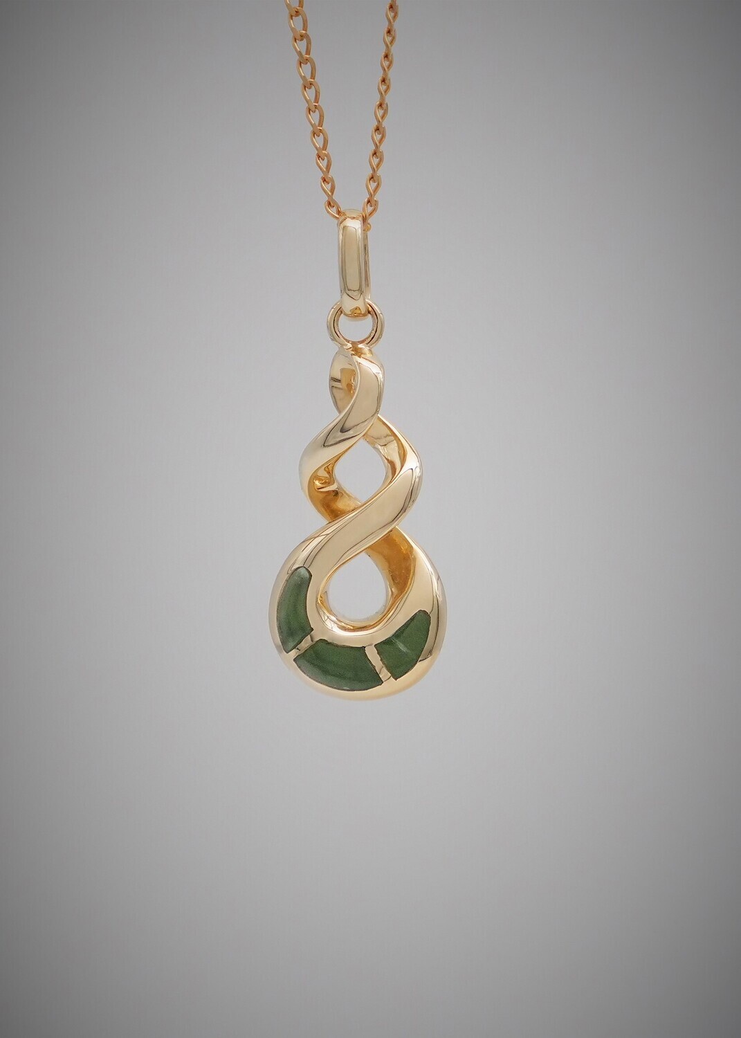 Moko Pounamu Pikorua (Twist) Kahurangi Greenstone set in Solid 9ct Gold Pendant - 87JPG Moko Pounamu Pikorua (Twist) Kahurangi Greenstone set in Solid 9ct Gold Pendant - 87JPG