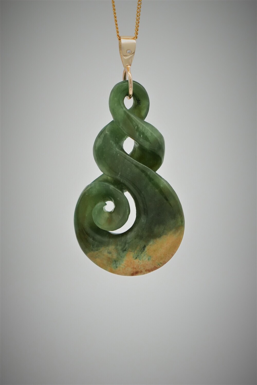 Moko Pounamu Double Pikorua (Twist) Koru NZ Genuine Kahurangi Flower Greenstone, 9ct Gold & Diamond Pendant - Takapaukura