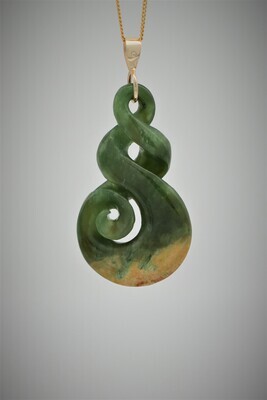 Moko Pounamu Double Pikorua (Twist) Koru NZ Genuine Kahurangi Flower Greenstone, 9ct Gold & Diamond Pendant - Takapaukura Moko Pounamu Double Pikorua (Twist) Koru NZ Genuine Kahurangi Flower Greenstone, 9ct Gold & Diamond Pendant - Takapaukura