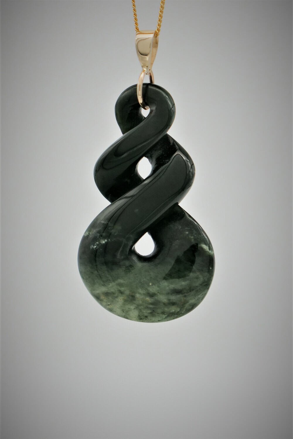 Moko Pounamu Double Pikorua NZ Genuine Kawakawa Flower Greenstone & 9ct Gold - Karatia Moko Pounamu Double Pikorua NZ Genuine Kawakawa Flower Greenstone & 9ct Gold - Karatia
