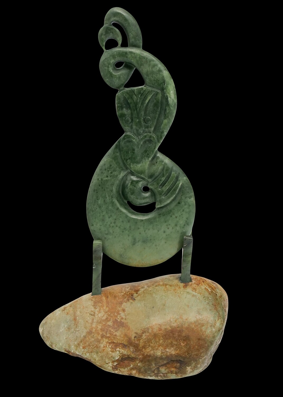 Moko Pounamu Pikorua Tiki Genuine NZ Marsden Flower Pounamu Greenstone - Matai Moko Pounamu Pikorua Tiki Genuine NZ Marsden Flower Pounamu Greenstone - Matai